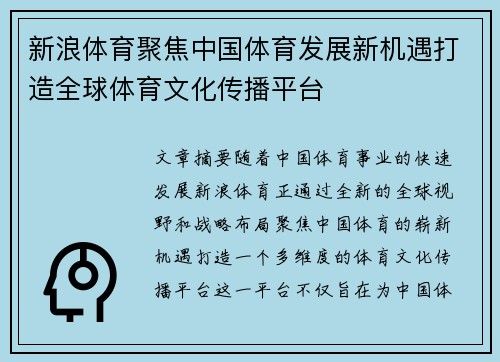新浪体育聚焦中国体育发展新机遇打造全球体育文化传播平台